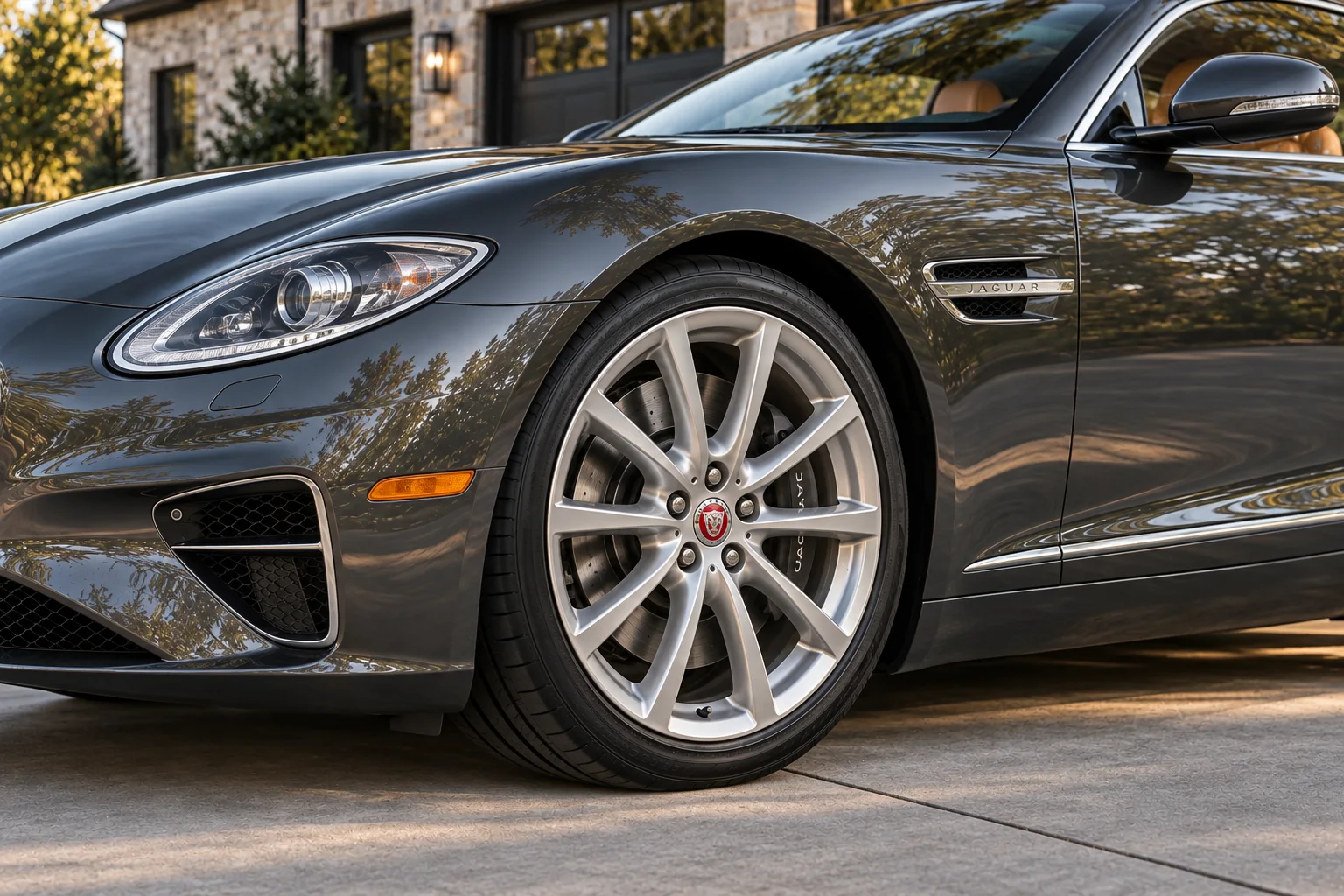 Close-up of a silver alloy wheel and graphite paint on the grand touring coupe