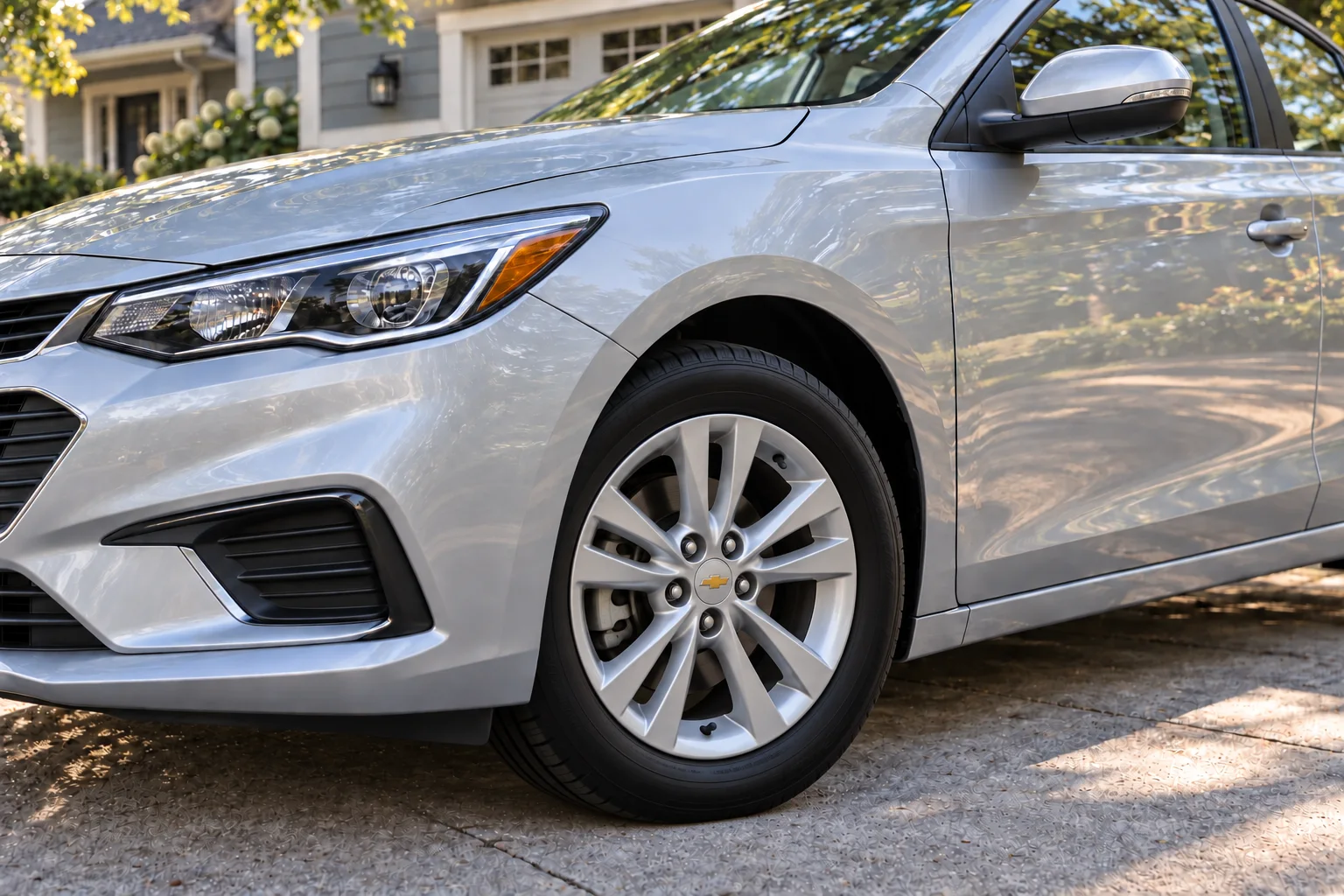 Close-up of a silver alloy wheel and clean silver sedan paint